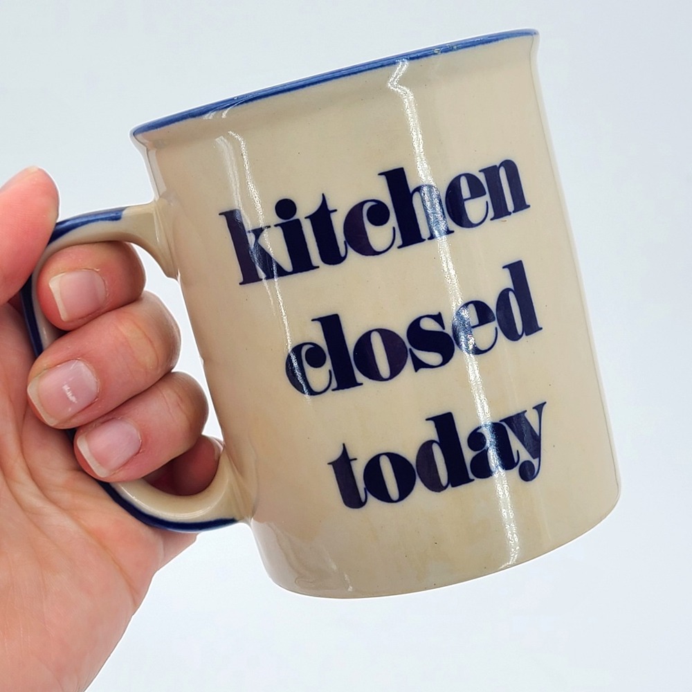 Vintage Japan Coffee Mug "Kitchen Closed Today" Retro Blue Ivory